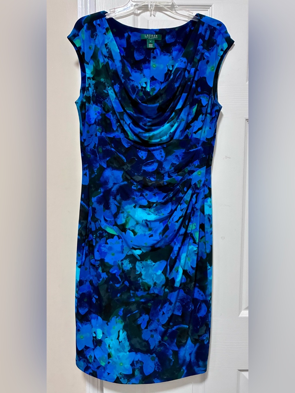 LAUREN Ralph Lauren Blue Floral Cowl Neck Sheath Dress Sz 14